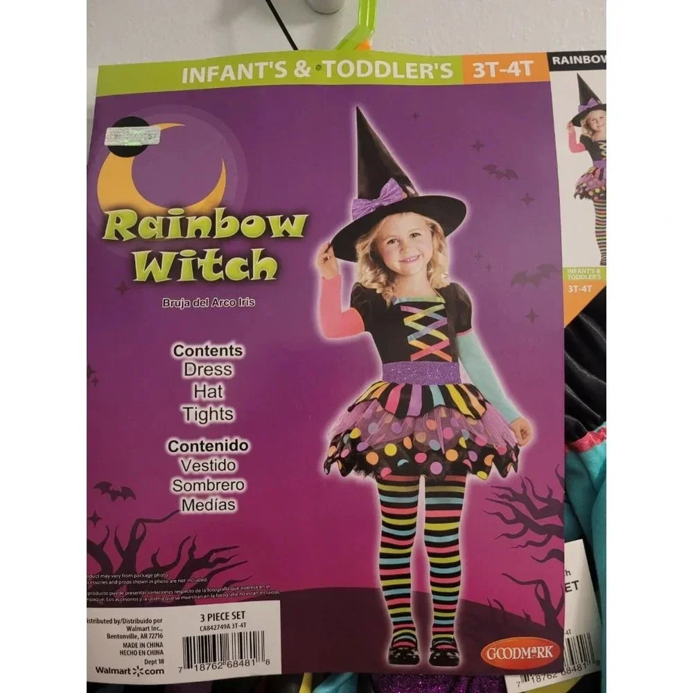 GIRLS 2T 3 PIECE -RAINBOW WITCH HALLOWEEN COSTUME- INCLUDES DRESS HAT TIGHTS NEW